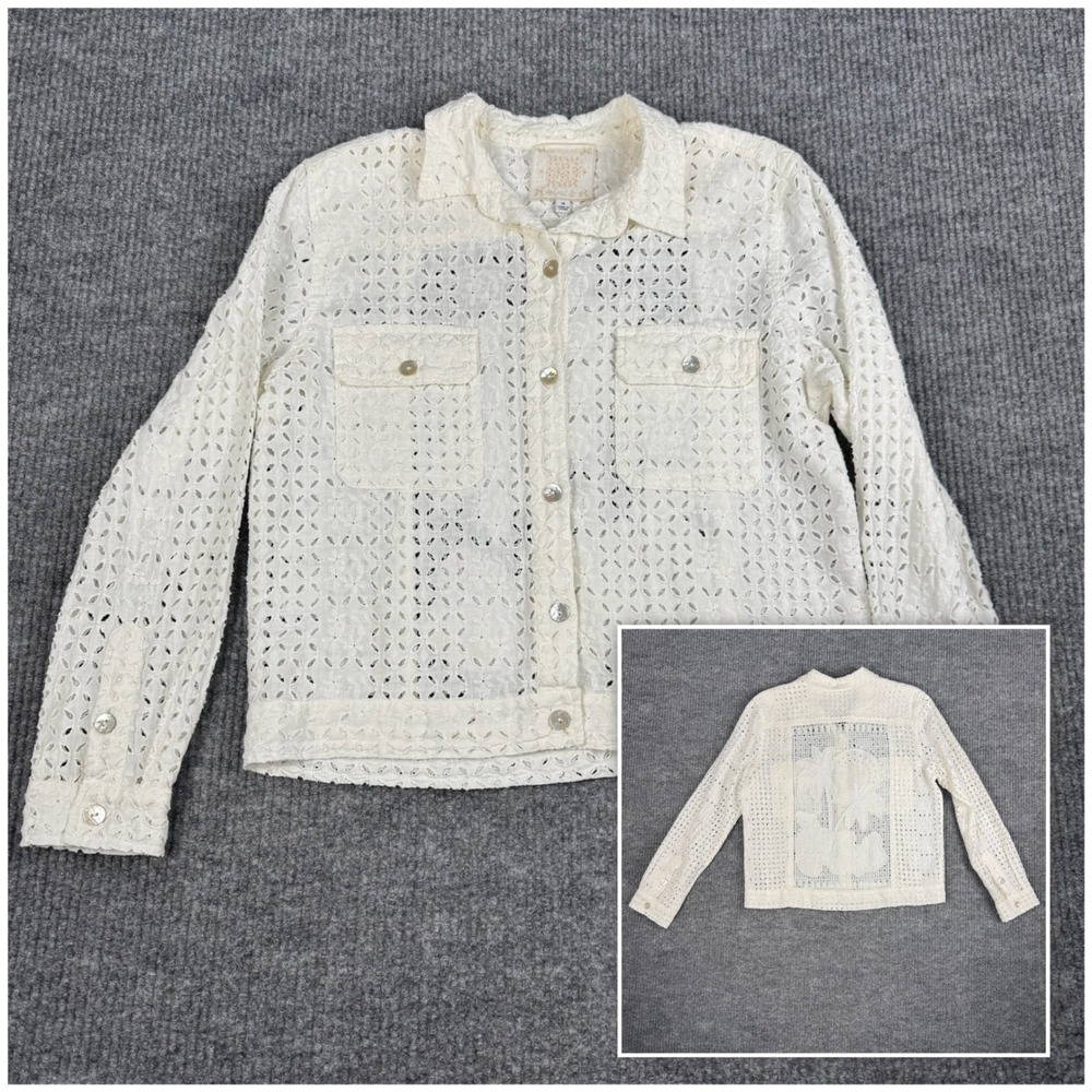 Johnny Was Jacket Women M Linen Eyelet Lace Embroidered Mixed Media Boho Cottage